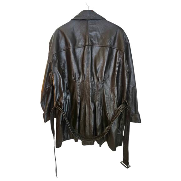 Together! Vintage Dark Brown Leather Double Breasted Trench Coat with Belt - Picture 3 of 11